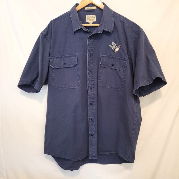 Cabela’s Outdoor Shirt Size L Blue Embroidered Mallard Duck Short Sleeve Cotton - Picture 1 of 8